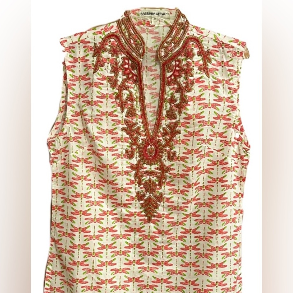 BARBARA GERWIT Mini Sleeveless Dress Tunic Beaded Dragon Flies Red…